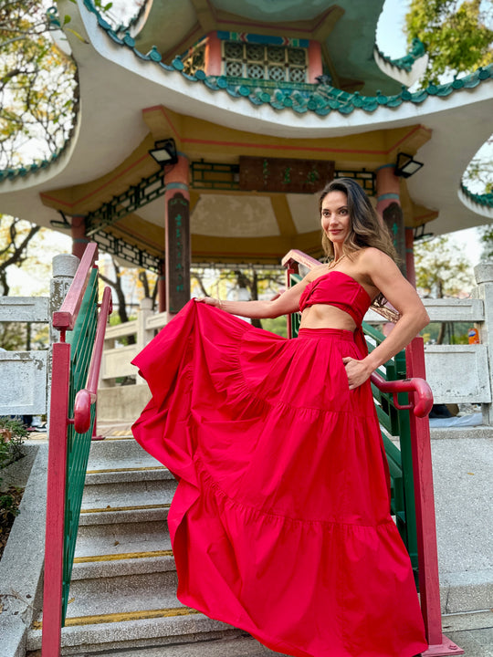 Tanji Tide Tiered Maxi Skirt - Red